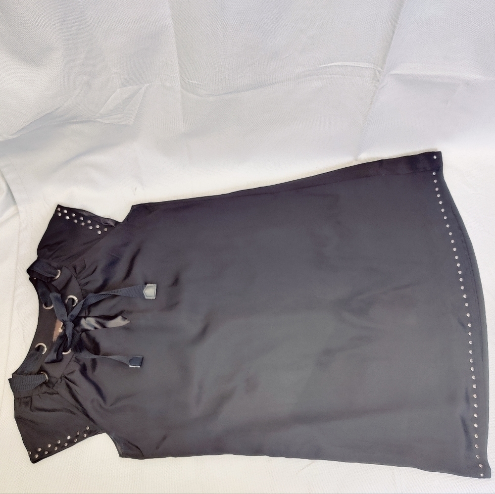 Staccato Black Silky Dress Cap Sleeve Above Knee Laced Tie Bow Collar Studs - Picture 6 of 16